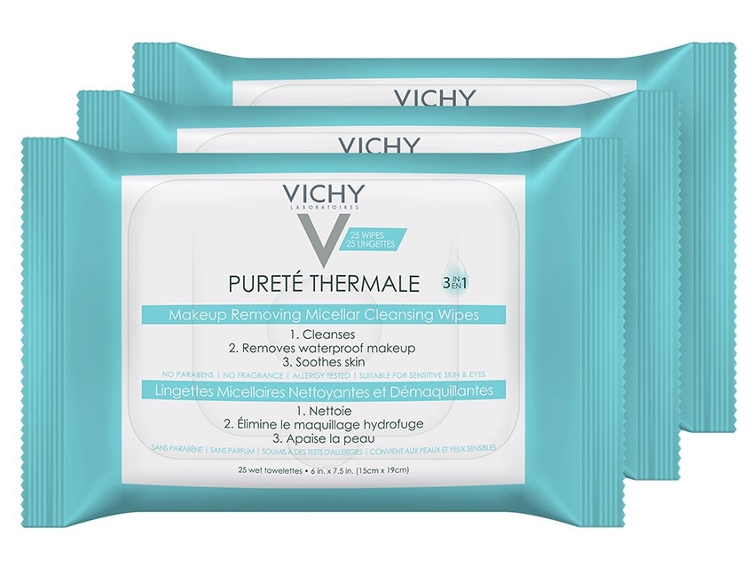 Vichy Pureté Thermale 3-in-1 Micellar Cleansing Water Makeup Remover Wipes with Vitamin E - 3 Pack
