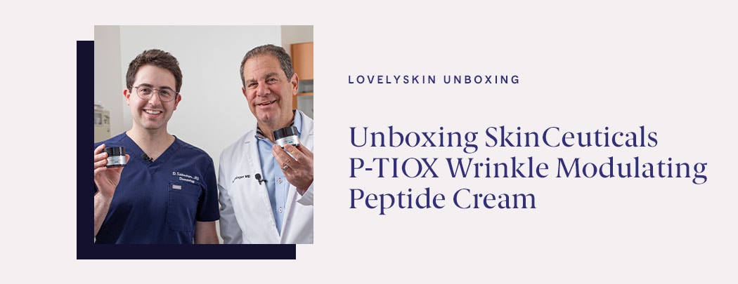 Two dermatologists, one in his 60s and one in his 30s, stand next to one another smiling as they hold SkinCeuticals P-TIOX Micro-Peptide Cream.