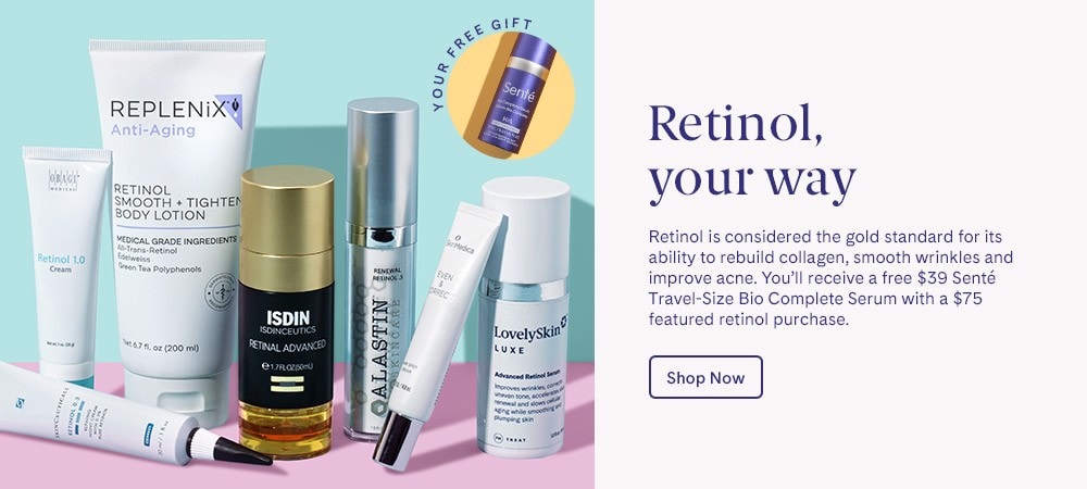 You’ll receive a free $39 Senté Travel-Size Bio Complete Serum with a $75 featured retinol purchase