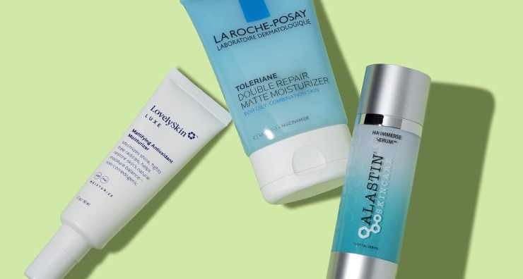 Three tubes of moisturizers by LovelySkin LUXE, La Roche-Posay and ALASTIN pictured on a light green background.