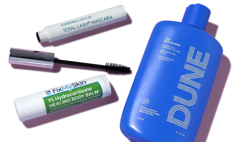 Products from DUNE, FixMySkin and Colorescience lying next to each other
