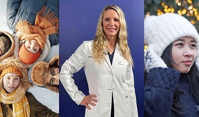 Three images side-by-side featuring people bundled up with hats and scarves and a blonde woman in a doctor's coat smiling in the middle.