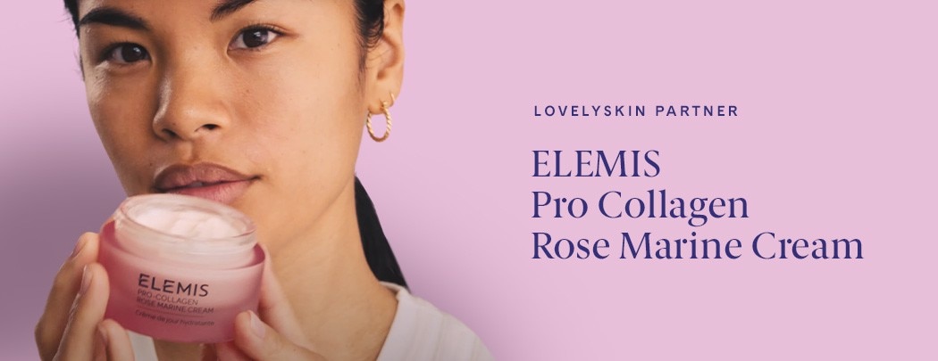 An asian woman holding a jar of ELEMIS Pro Collagen Rose Marine Cream in front of her face, just below her lips.