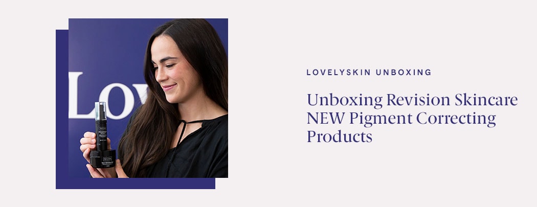 A woman with a light skin tone and dark hair holds Advanced Pigment Corrector+ and Tone+ Correcting Pads while smiling softly.