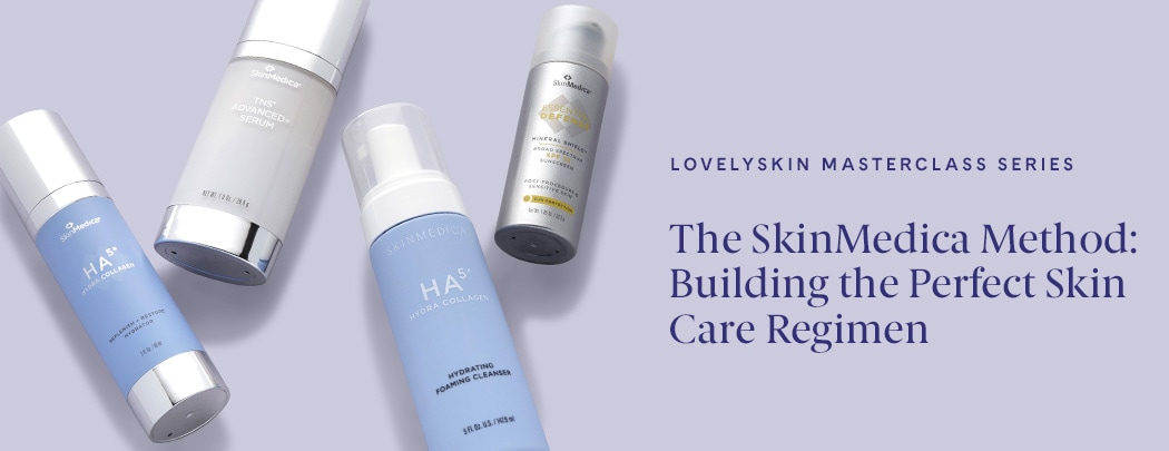 SkinMedica HA5 Cleanser and Hydrator lay next to SkinMedica TNS Advanced+ Serum and Essential Defense SPF.