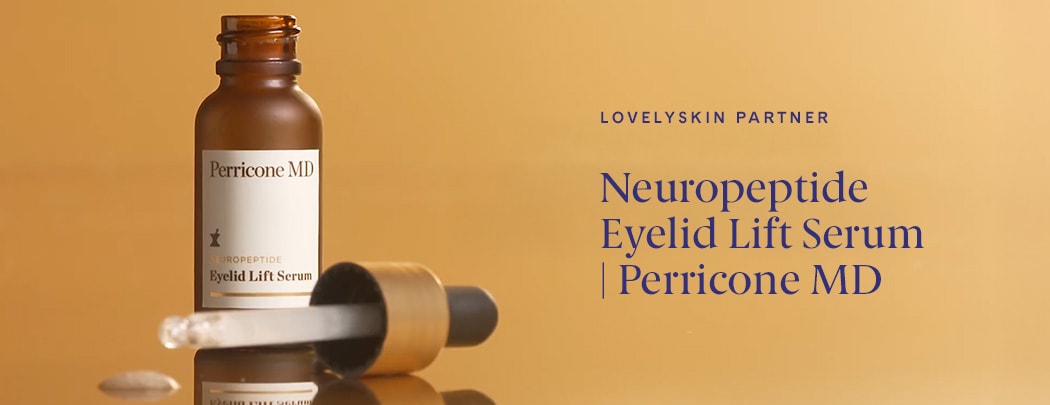 A bottle of Perricone MD Neuropeptide Eyelid Lift Serum sits on a glass top with its dropper is laid next to it. A small amount of product drips out.