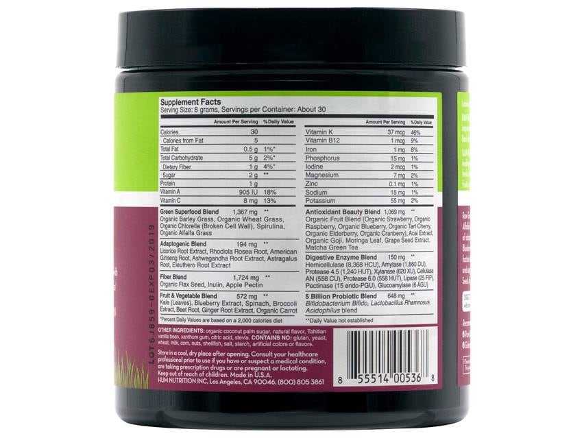 HUM Nutrition Raw Beauty Green Superfood Powder - Tahitian Vanilla Berry Infusion