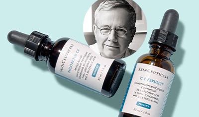 Two SkinCeuticals serum bottles and an inset circular photo of Dr. Sheldon Pinnell, all on a light blue background.