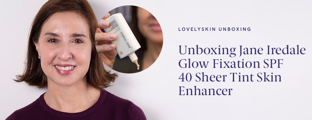 Nancy Schlessinger smiles at the camera. There is a bubble next to her face showing her dispensing the Jane Iredale product into her palm.