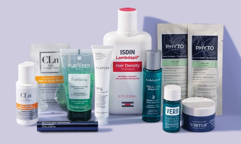 Assortment of full-size, travel-sized and sample-sized hair products