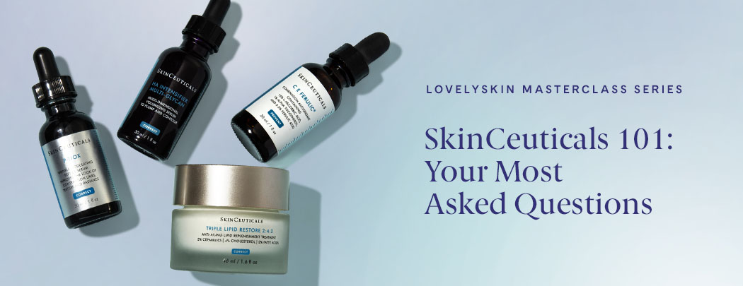 Three SkinCeuticals serums are artfully arranged over a jar of SkinCeuticals Triple Lipid Restore 2:4:2