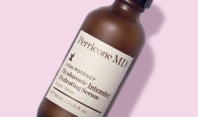 Brown bottle of Perricone MD High Potency Hyaluronic Intensive Hydrating Serum with pink background