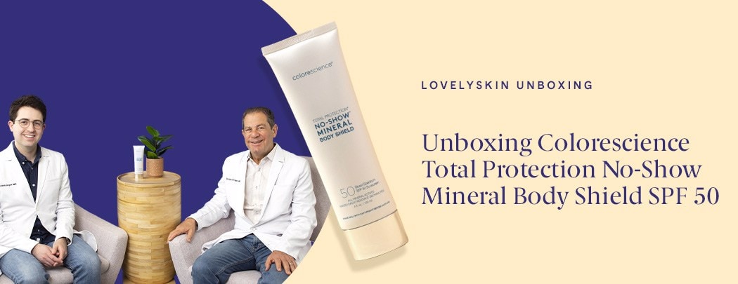 Two Drs in white jackets sit next to one another. There is a photo overlay of the Colorescience No-Show Mineral Body Sunscreen SPF 50.