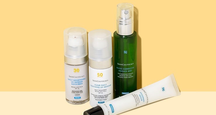 Four SkinCeuticals products arranged on a yellow background