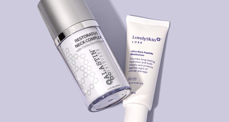 ALASTIN Skincare's Nectar with Trihex Technology and LovelySkin Peptide Moisturizer on a light purple background