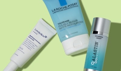 Three tubes of moisturizers by LovelySkin LUXE, La Roche-Posay and ALASTIN pictured on a light green background.