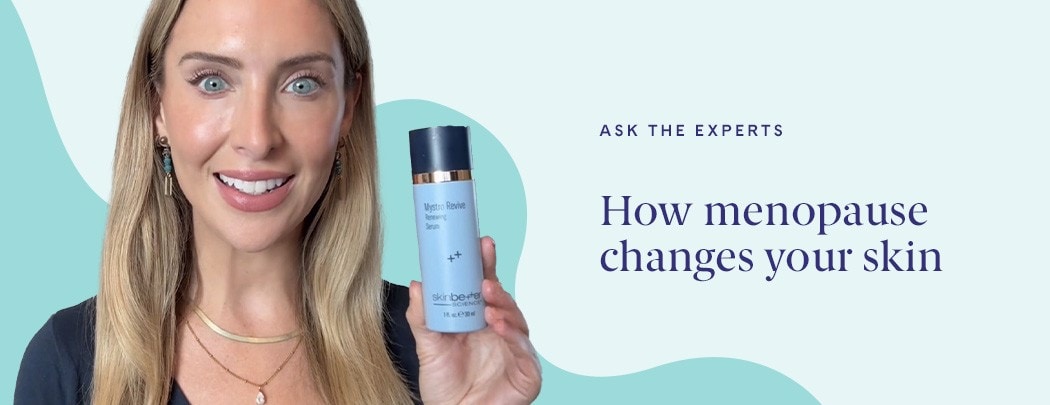 A woman with fair skin and blonde hair holds a bottle of skinbetter science Mystro Revive Renewing Serum while smiling.