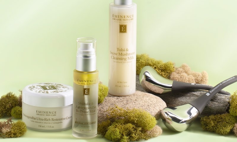 Products surrounding by rocks and moss