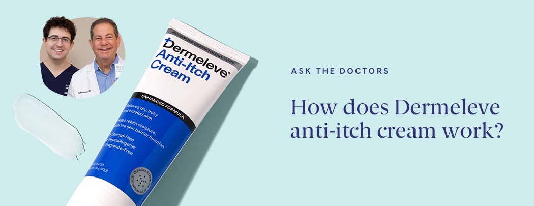 A blue and white bottle of Dermeleve Anti-Itch Cream lays next to a swatch of white cream and photos of two dermatologists.