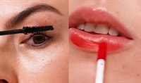 A woman holds a wand of the Ere Perez Avocado Waterproof Mascara to her eye and Beetroot Cheek & Lip Tint to her lip in a photo grid.