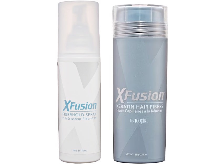 XFusion Keratin Hair Fibers & FiberHold Spray Duo - Dark Brown - 0.98 oz