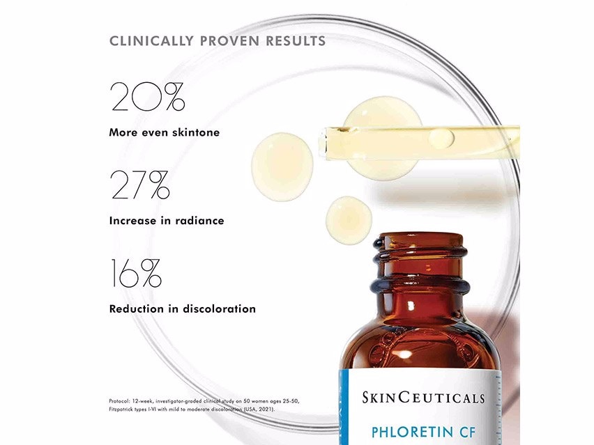 Clinicly proven results for SkinCeuticals Phloretin CF Antioxidant Vitamin C Discoloration Serum