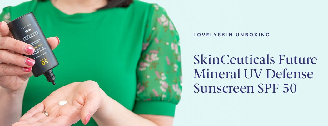 A woman with light to medium toned skin dispenses SkinCeuticals Future Mineral UV Defense Sunscreen SPF 50 into her palm.