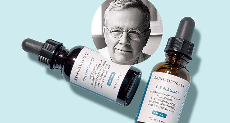 Two SkinCeuticals serum bottles and an inset circular photo of Dr. Sheldon Pinnell, all on a light blue background.