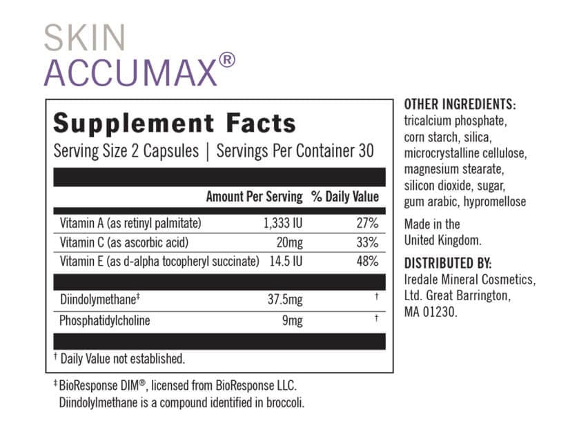 Supplement facts for jane iredale Skin Accumax Dietary Supplement. 