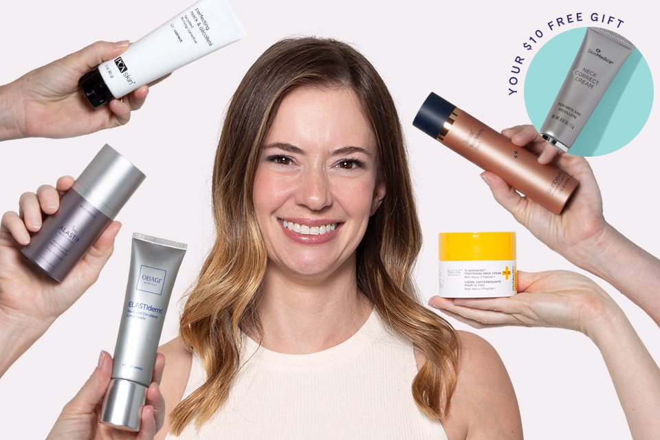 Smiling woman surrounded by hands handing her various neck products from brands like PCA SKIN and skinbetter science