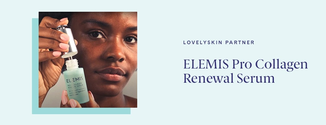 A black woman smiling very softly and pulling the dropper out of a bottle of ELEMIS Pro Collagen Renewal Serum.