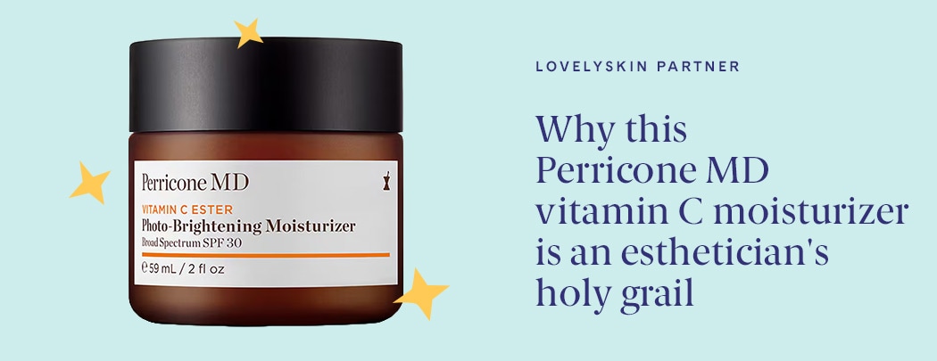A jar of Perricone MD Vitamin C Ester Photo-Brightening Moisturizer Broad Spectrum SPF 30 with a blue background and sparkle illustrations.