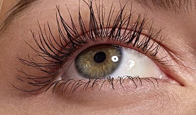 A person with olive-toned skin gazes upward. Their eye is a greenish hazel. Their eyelashes are long, lush and full.