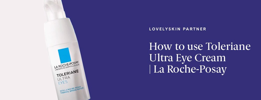 A bottle of La Roche-Posay Toleriane Ultra Eye Cream against a purple backdrop