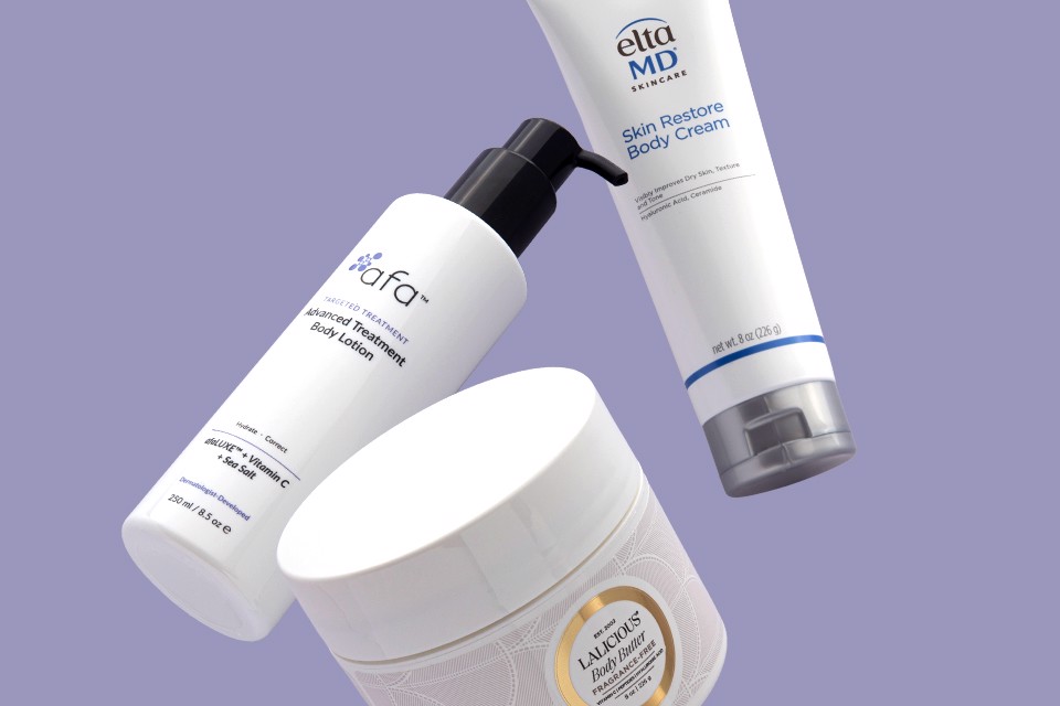 Three skin care products from afa, EltaMD and LALICIOUS arranged against a soft purple background