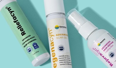 Bottles of Reliefacyn, Rejuvacyn and Regenacyn skin treatments with hypochlorous acid on a turquoise background.