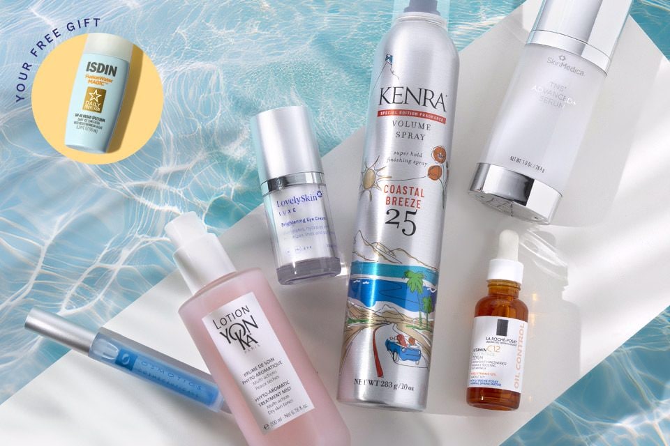 Products sitting on a plank above pool water