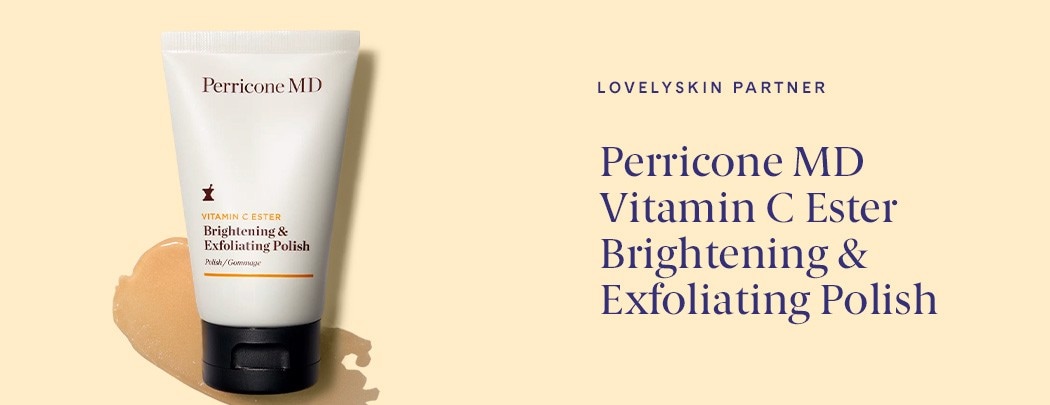 A cream bottle of Perricone MD Vitamin C Ester Brightening & Exfoliating Polish with an orange swatch of exfoliating polish behind it.