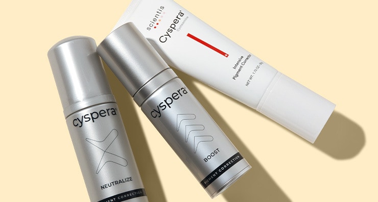 Cyspera Pigment Correction System products on a tan background