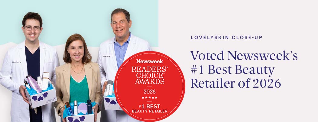 Drs. Joel and Daniel Schlessinger and Vice President Nancy Schlessinger hold LovelySkin boxes filled with products.