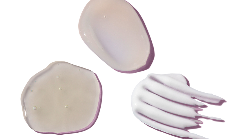 Both & body product swatches of a serum, moisturizer and cleanser.