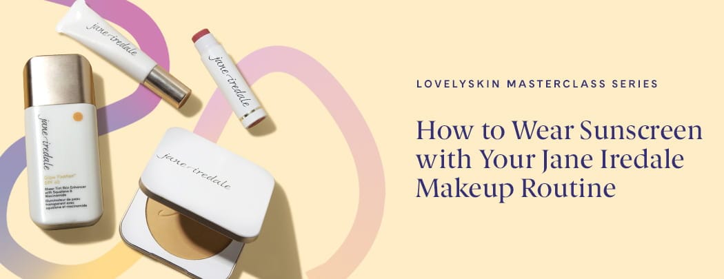 Jane Iredale PurePressed Base, Enlighten Concealer, LipDrink and Glow Fixation lay on a yellow background with a squiggle illustrated behind them.