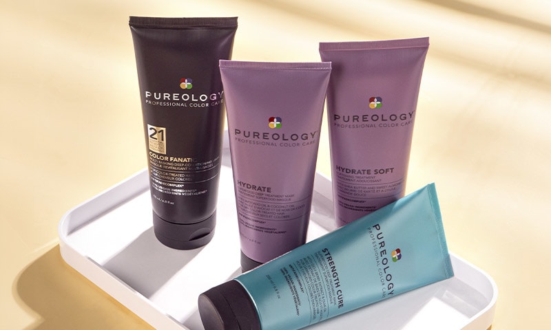 Pureology hair masks on white tray