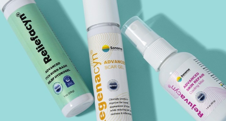 Bottles of Reliefacyn, Rejuvacyn and Regenacyn skin treatments with hypochlorous acid on a turquoise background.