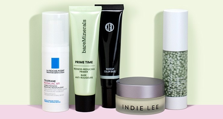 Green-tinted facial primers and makeup from La Roche-Posay, bareMinerals, Indie Lee, jane iredale and more on a light green and pink background