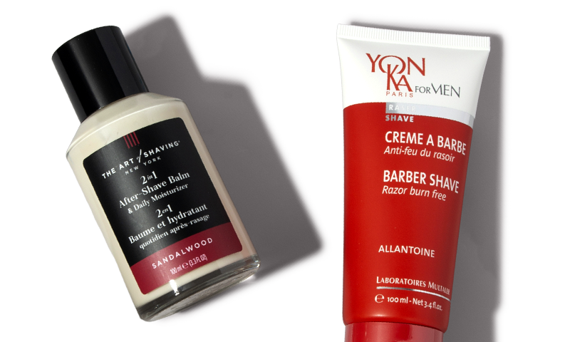 Three products for razor burn from The Art of Shaving and Yon-Ka laying next to each other.