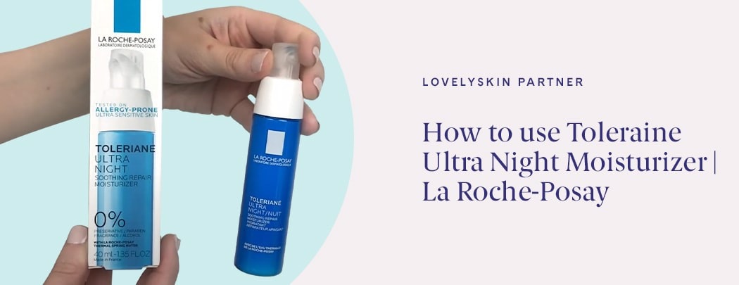One hand holding a container of La Roche-Posay Toleriane Dermallergo Night while holding the carton in the other