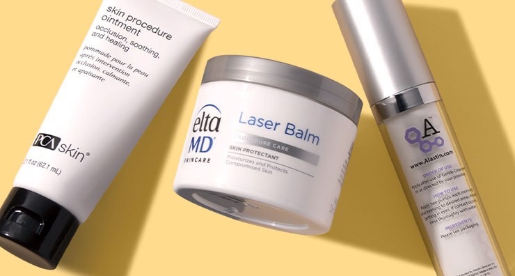 Post-laser balms from PCA Skin, EltaMD and ALASTIN Skincare's Nectar on a golden yellow background.