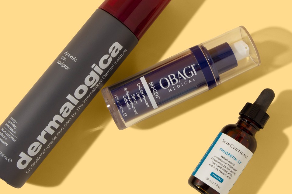 Dermalogica, Obagi, and SkinCeuticals products arranged at angles on a yellow background