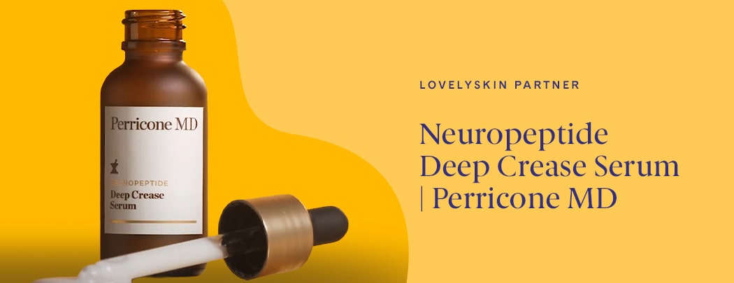 A brown bottle of Perricone MD Neuropeptide Deep Crease Serum sits on clear glass. The dropper is laying next to the bottle with product dispensing.